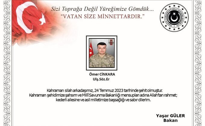 Van’da silah kazası sonucu yaralanan Sözleşmeli Er Ömer Cinkara şehit oldu.